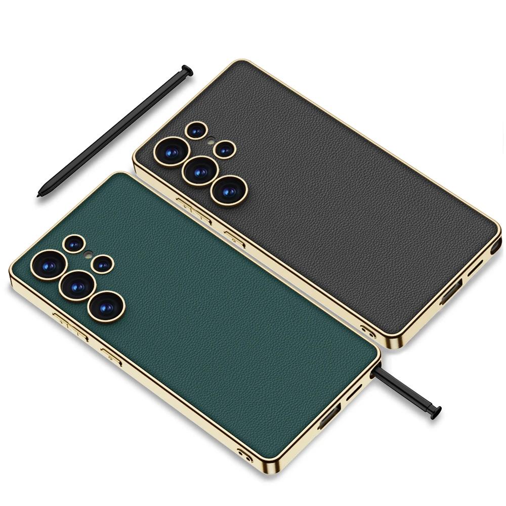 Роскошный чехол для телефона из веганской кожи с покрытием для Samsung Galaxy S24 S25 Ultra, защитный чехол TPU с мягким краем и защитой от падения S25Ultra