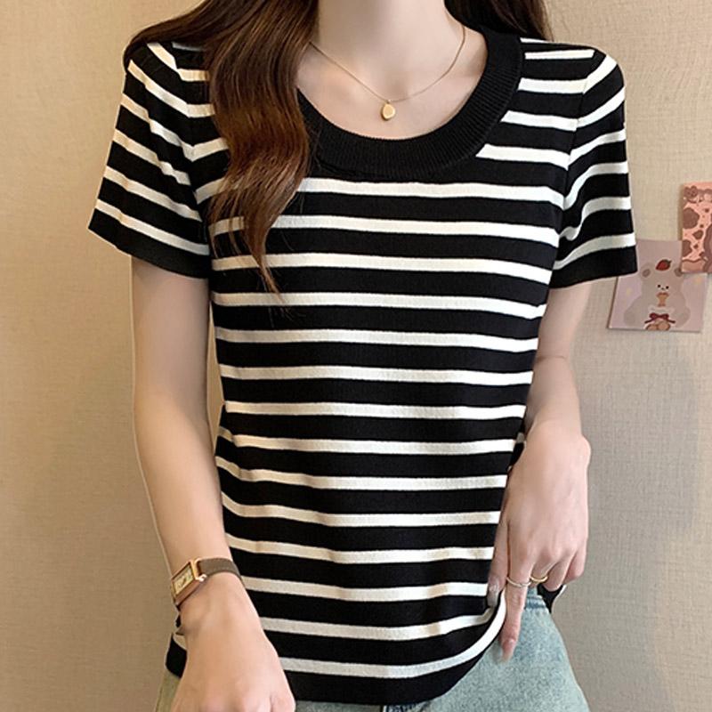 Женские свитера, пуловеры, 2025, лето, короткий рукав, О-образный вырез, полосатый белый черный вязаный свитер, женские топы, пуловер JJ215