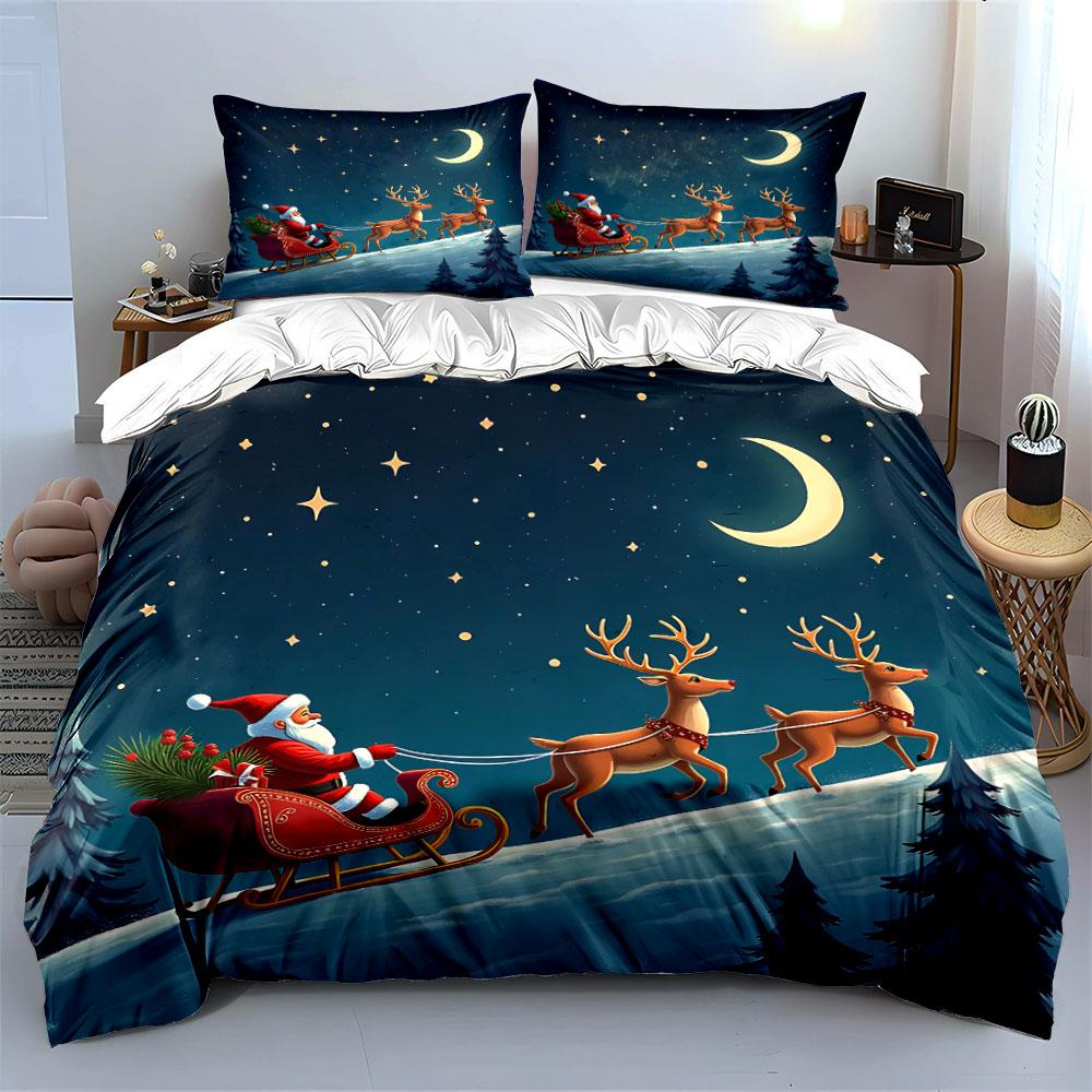 Santa Sleigh Ride with Reindeer Bedding Duvet Cover Set Duvet Cover Pillowcases (1*Duvet Cover 2*Pillowcases, without duvet insert)