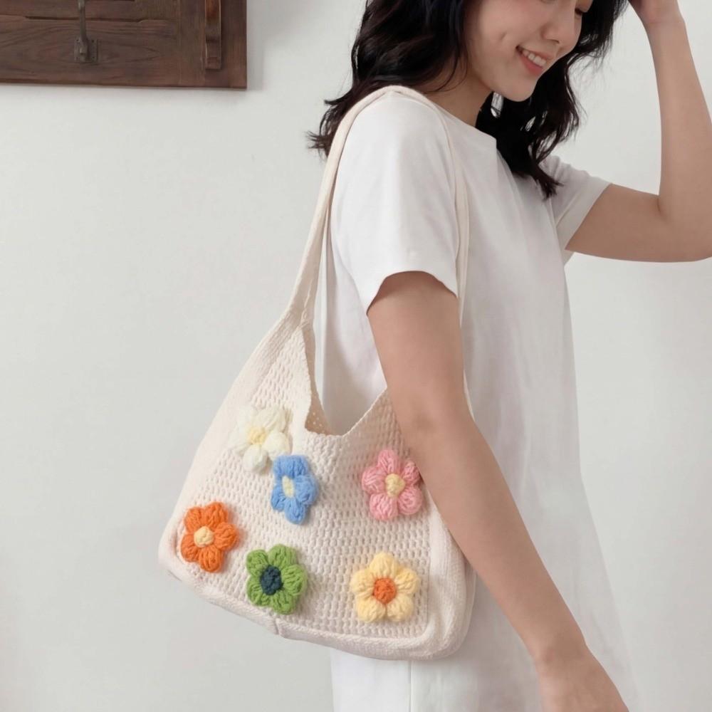 Breathable Knitted Tote Bag Sweet Seaside Vacation Handbag Trendy Crochet Shoulder Bag  Female