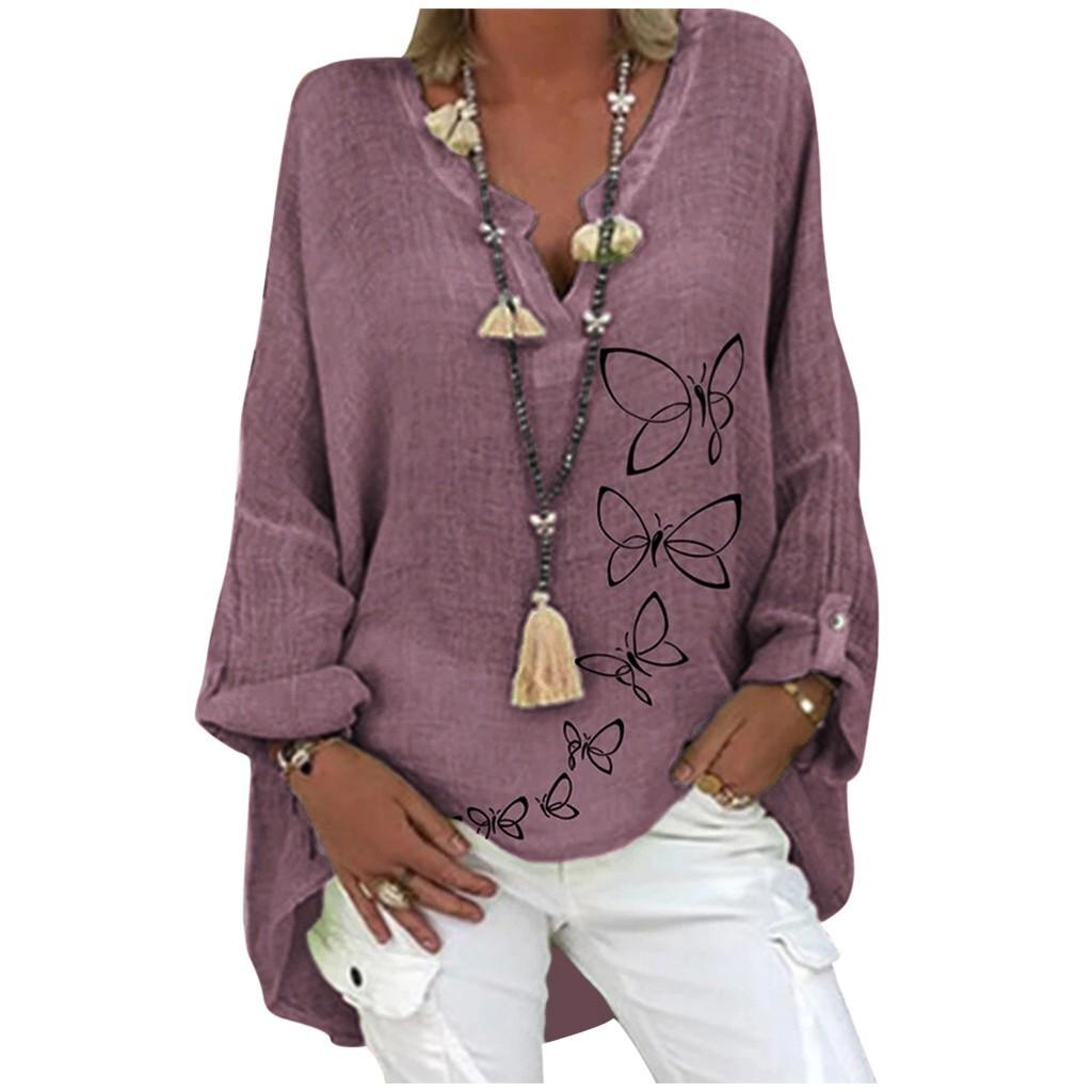 Plus Size Women Casual Long Sleeve Floral Print Loose V-neck Shirt Blouse Top