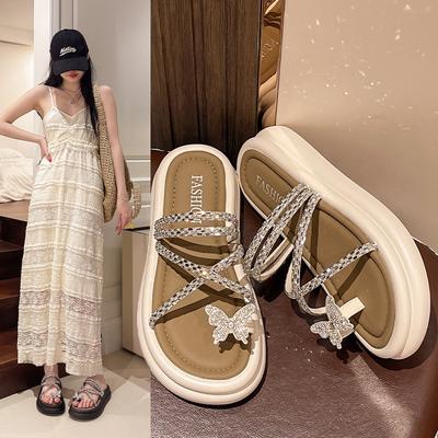 2024 Новое платье в стиле феи с повседневными сандалиями на толстой подошве с бабочками для летней женской верхней одежды