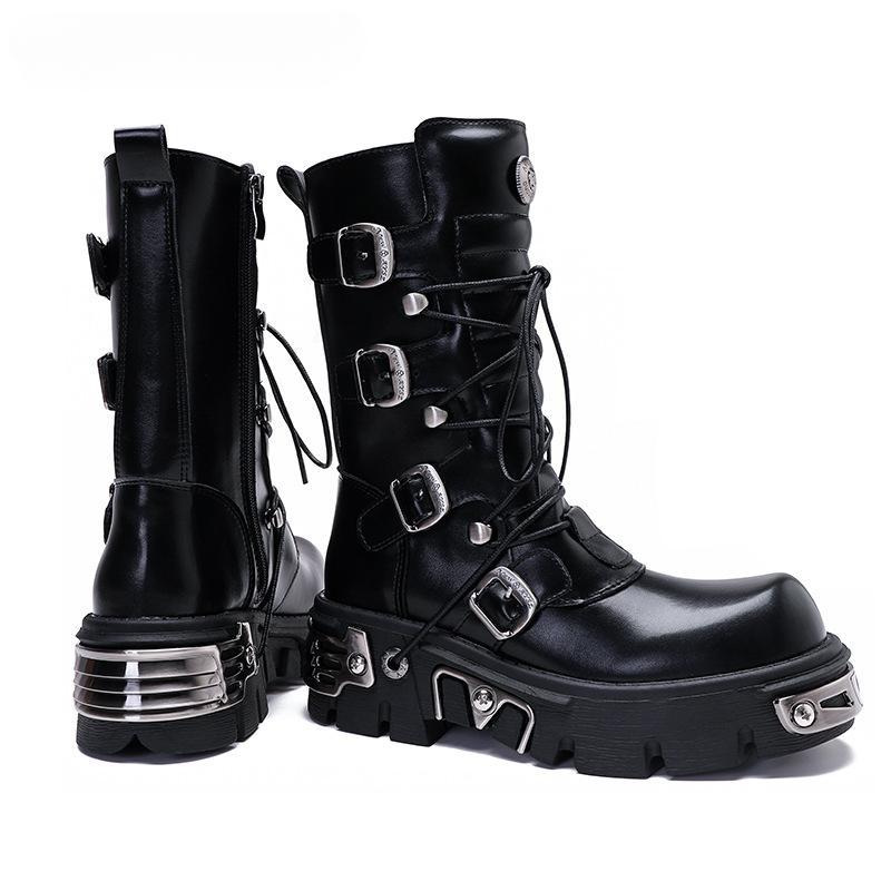 Women Men Boots Female Male Punk Metal Rock Black Chunky Heel Platform Pumps Ladies Motorcycle Mid-calf Round Toe Lace-up Shoes