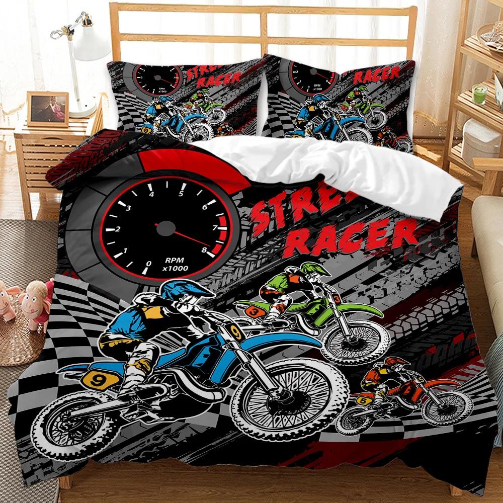 Motorbike Duvet Cover Set Motocross Rider Racing Motorcycle Dirt Bike Bedding Set Vehicles Extreme Sports Polyester Quilt Cover