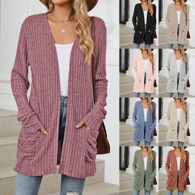 Женская модная повседневная однотонная куртка-кардиган с карманами и длинными рукавами