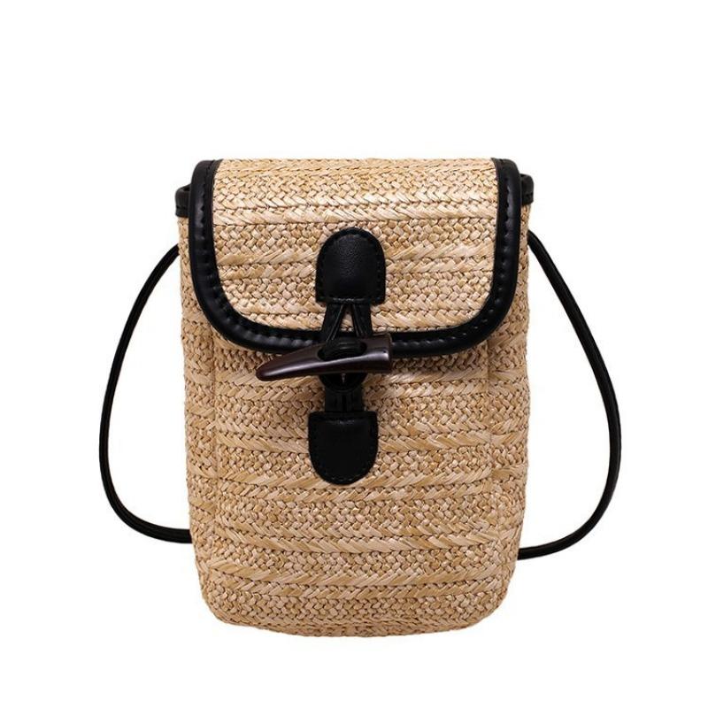 Seaside Holiday Woven Mobile Phone Bag Horn Button Crossbody Shoulder Bag Western Style Mobile Phone Bag