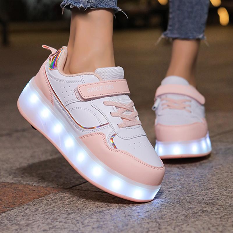 29-38 Детские четырехколесные разборные спортивные туфли на плоской подошве, светодиодные блестящие детские светящиеся кроссовки