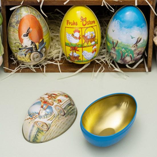 Happy Easter Treat Box Egg Shape Candy Box Funny Bunny Chicken Pattern Portable Iron Art Biscuit Cookie Box Kids Gift Box Easter Party Favors