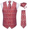 Red Silver Christmas Men's Suit Vest Set Silk Tie Handkerchief Cufflinks Tree Elk Snowflake Print Party Formal Waistcoat
