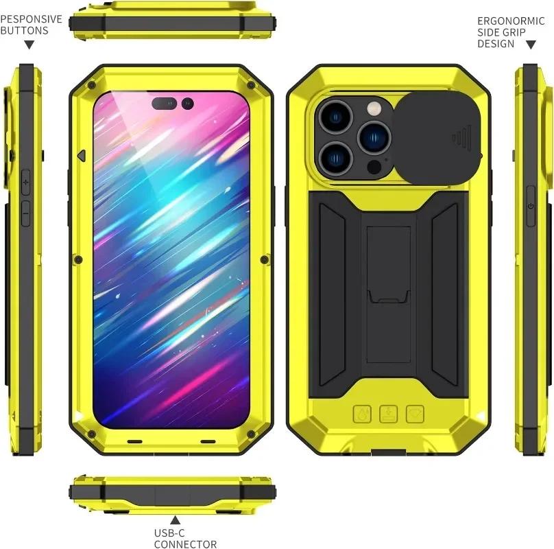Прочный бронированный металлический чехол для телефона iPhone 16 15 14 Plus 13 Pro Max, ударопрочный, жесткий чехол, защитная подставка для линз экрана