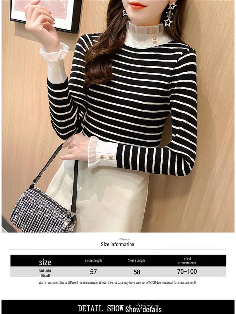 Women's Minimalist Mesh Sweater with Lace, Half Turtleneck, and Striped Knit Long Sleeves - Autumn/Winter Top