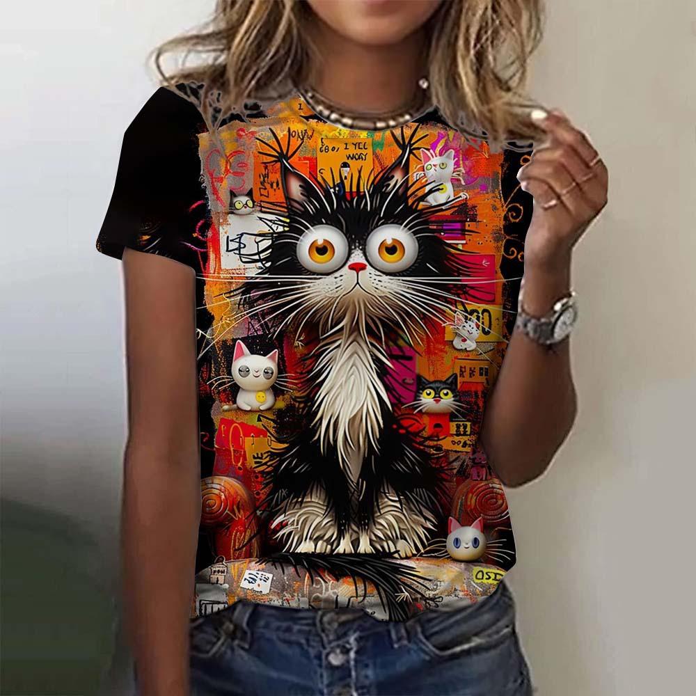 Женская футболка с короткими рукавами и принтом кота, повседневная, с 3D-узором для девочек на лето