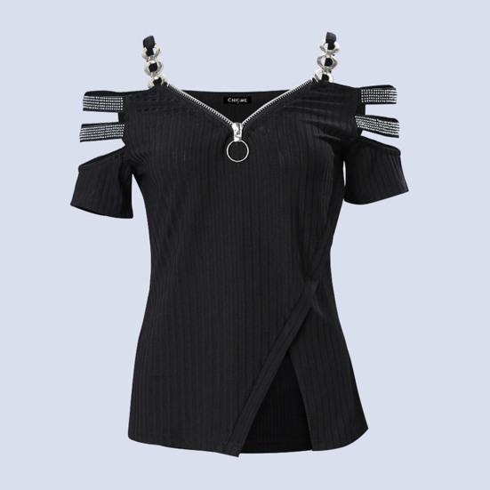 Women's Tops V-Neck Zip Detail Split Hem Elegant Trendy Minimalistic Sequin Chain Accent Blouse Summer Accessories