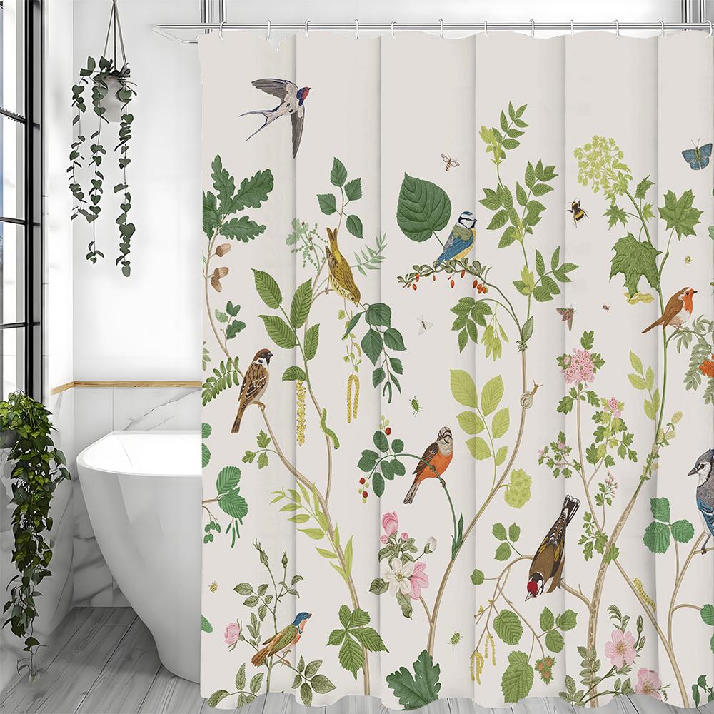 Ветка дерева Зеленый лист Цветок Птица Шторка для душа, Декоративная шторка для душа для ванной комнаты, Водонепроницаемая шторка для душа с крючками