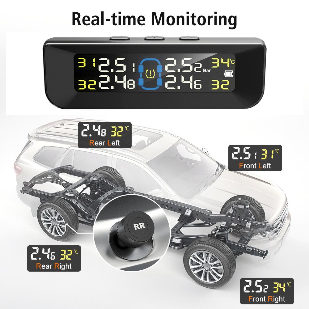 Система контроля давления в шинах автомобиля TPMS с питанием от солнечной батареи/USB, монитор в реальном времени с цифровым ЖК-дисплеем, системы автоматической охранной сигнализации