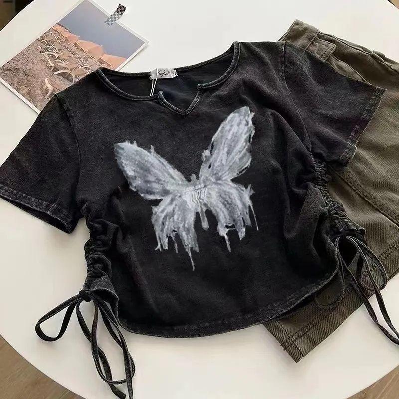 Женская стираная и потертая футболка в стиле ретро с короткими рукавами, летняя короткая женская футболка Sweet and Spicy для девочек с открытым пупком на шнуровке для пары