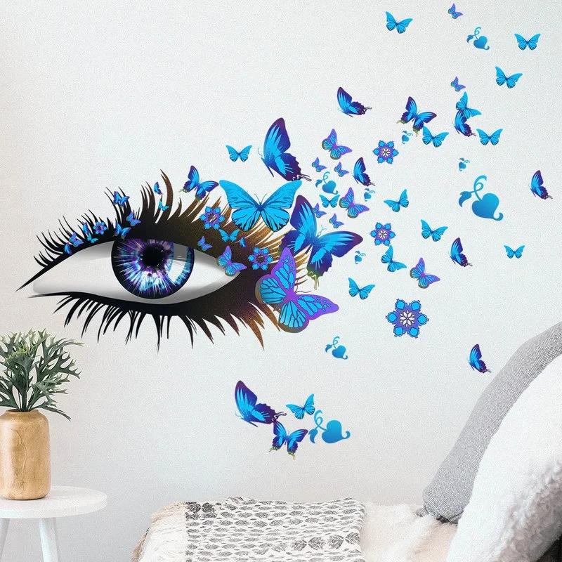 Creative Beautiful Girl Eyes Wall Sticker Flying Butterfly Wall Decals Girl Long Eyelashes for Couple Lovers Bedroom Decoration