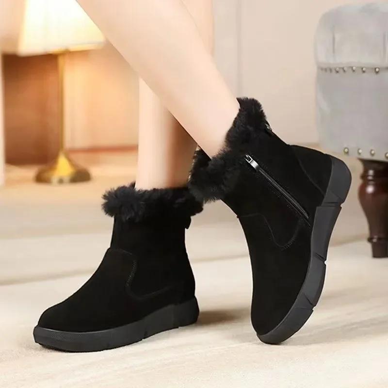 Women's Cotton Boots Winter New Style with Plush Insulation Snow Boots Fashionable Round Head Side Zipper Anti Slip Ankle Boots