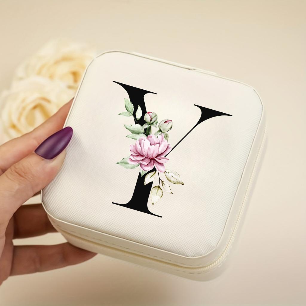 A-Z Alphabet Print Beige Travel White Storage Box, Jewelry Box with Zipper Closure and Fabric Lining