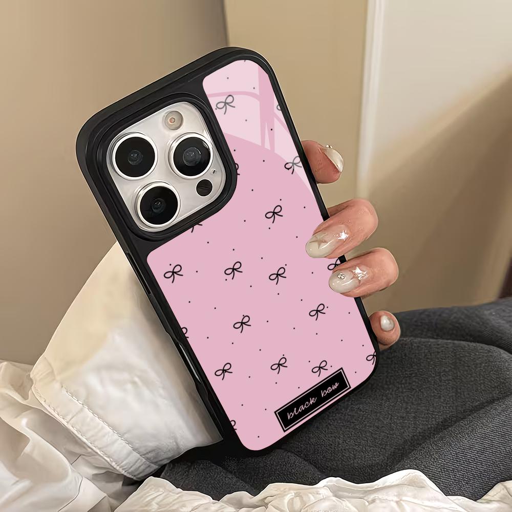 Милый черный бант стеклянный чехол для телефона подходит для iPhone 17 16 15 14 13 12 11 Pro/Max/Plus противоударная задняя крышка