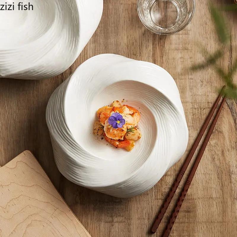Нестандартная керамическая обеденная тарелка, десертная тарелка для ресторана, тарелка для закусок, толстые суповые тарелки, кухонные тарелки, однотонная столовая посуда для отелей