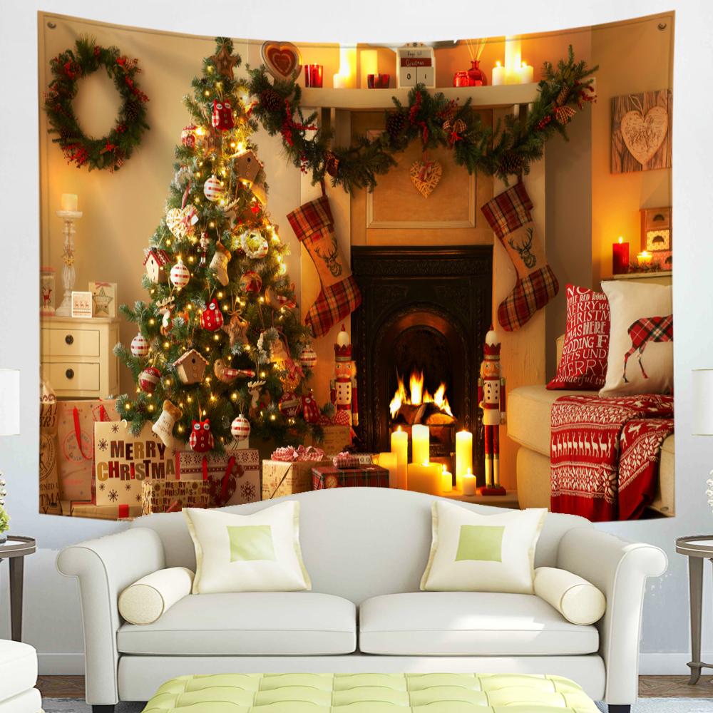 С Рождеством Гобелен Снежинки Санта-Клаус Зимняя ночь Рождественская елка Настенный камин Подарок Новогодние украшения для дома