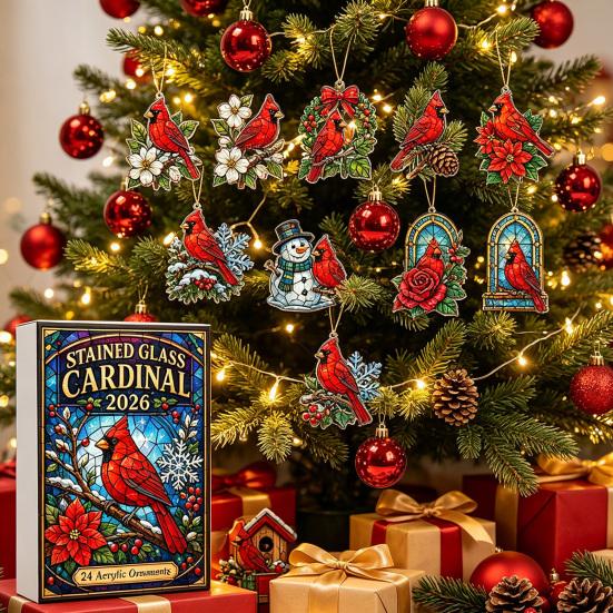 Retro Style Keepsakes Acrylic Christmas Advent Calendar Box with 24 Bird Themed Hanging Ornaments, Creative Gift Set Festive Countdown Decoration for