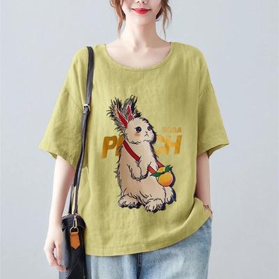 Топы для женщин хлопковая летняя футболка большого размера с круглым вырезом и принтом кролика, повседневный пуловер, футболка, топ