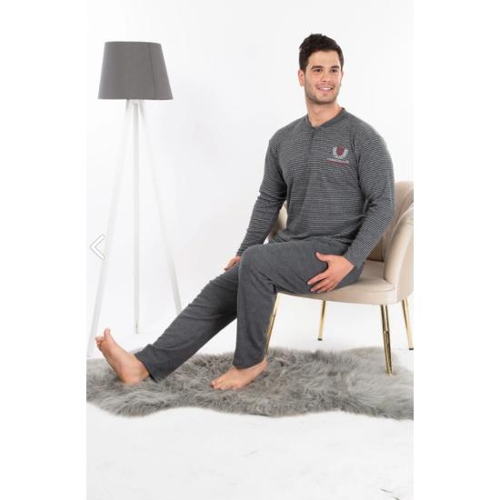 Мужской зимний полосатый трикотажный пижамный комплект с длинными рукавами и пуговицами на воротнике-стойке, антрацитового цвета