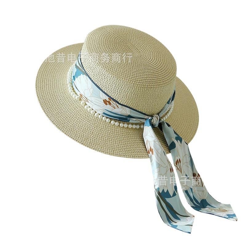 Pearl decorative flat top straw hat women's summer travel sunshade travel beach hat printed silk scarf streamer fashionable sunscreen hat