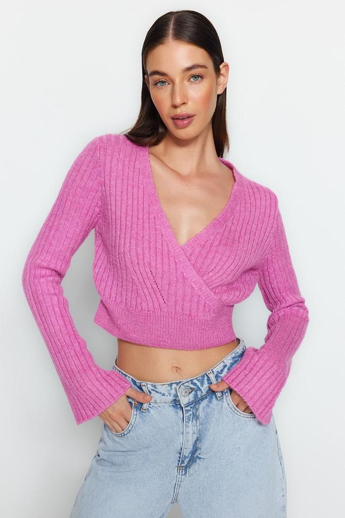 Women's Elegance Style Sweater Stone Crop Soft Textured Double Breasted Knitwear Sweater