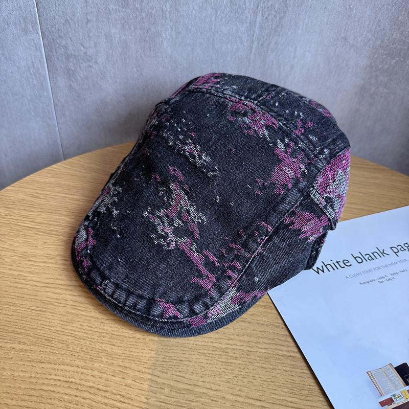 Denim Retro Washed Beret With Pattern Design For Womens Daily Casual Outing