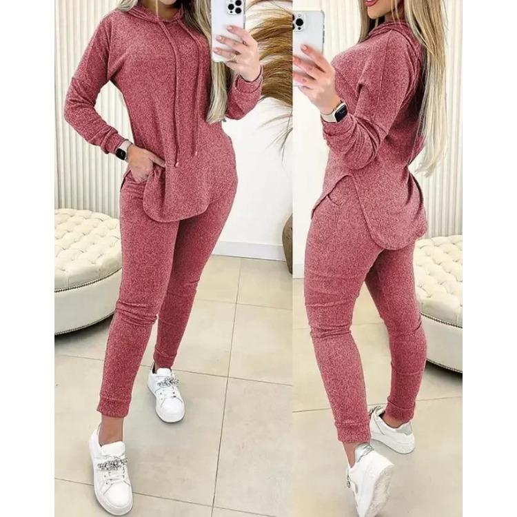 Комплект из 2 предметов, женская одежда, весна 2024, модная толстовка с капюшоном и длинными рукавами с разрезом по низу и повседневные брюки с высокой талией