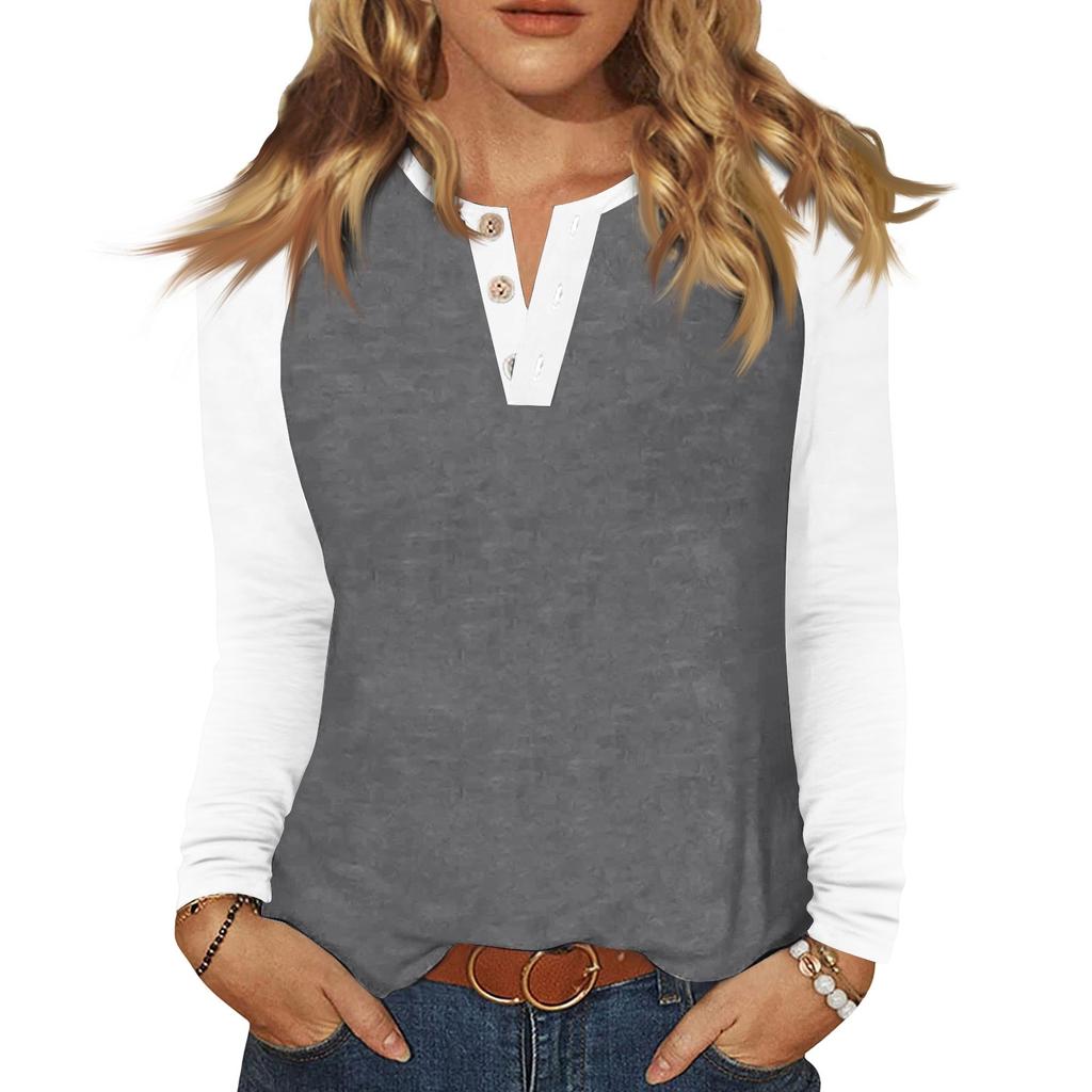 Женская футболка колор-блок на пуговицах с длинным рукавом, повседневная, для выходных, модная, базовая, с V-образным вырезом, обычная