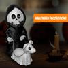 Halloween Ornament Skull Grim Reaper Walking Dog Figurine Decorative Skeleton Statue Courtyard Balcony Garden Sculpture
