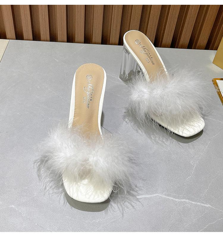 Women Clear Heels Sandals Fluffy Slippers Furry Slides for Women