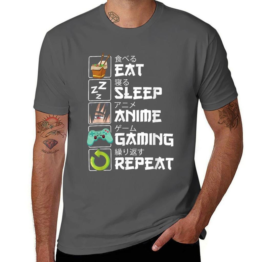 Eat Sleep Anime Gaming Repeat Kawaii Otaku Anime Unisexga Tshirt All Match Basic Short Sleeve Top