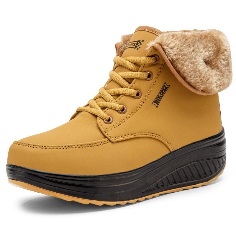 Женские зимние сапоги Plus Velvet Snow Boots Casual Suede на шнуровке из искусственной кожи, теплые, с покатым каблуком, хлопковые, большие, толстые, нескользящие