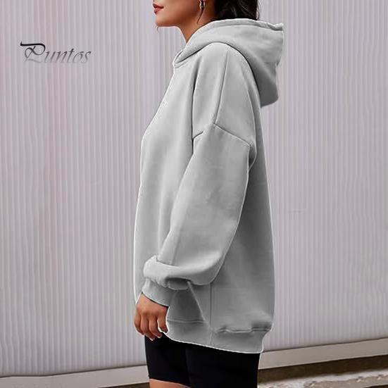 Women Fall Winter Hoodie Thick Hooded Long Sleeves with Big Pocket Plus Size Mid Length Solid Color Loose Elastic Cuffs Drawstring Sport Top