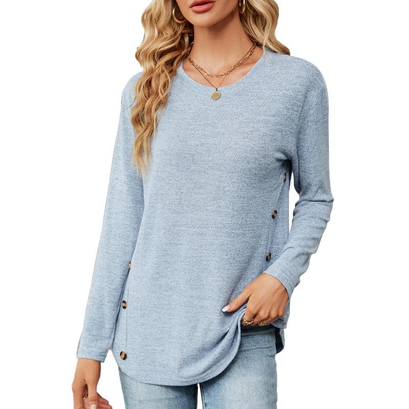 YYFS Women's Fashion Casual Spring Fall Solid Color Print Long Sleeve O-Neck Blouses & Shirts