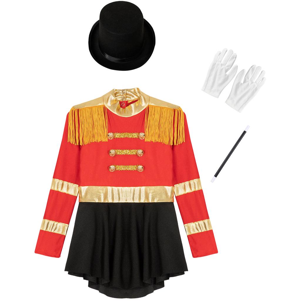Girls Magician Jumpsuit Costume Long Sleeve Keyhole Back Fringe Epaulet Design Top Hat Gloves Wand Set