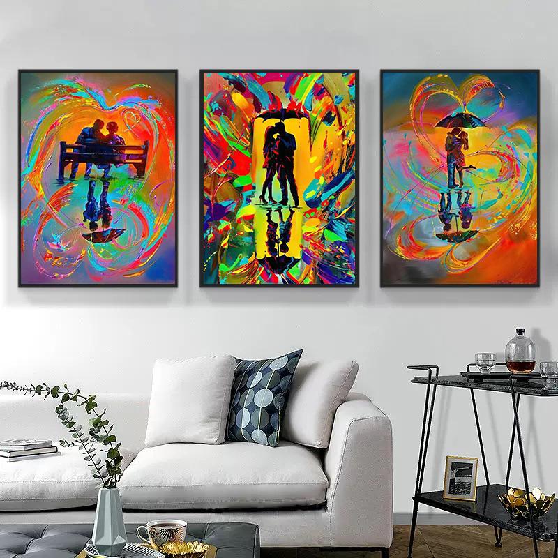 Акварель Радуга Дождь Любители Холста Картины Абстрактные Граффити Искусство Пары Обниматься Настенная Картина для Гостиной Домашний Декор