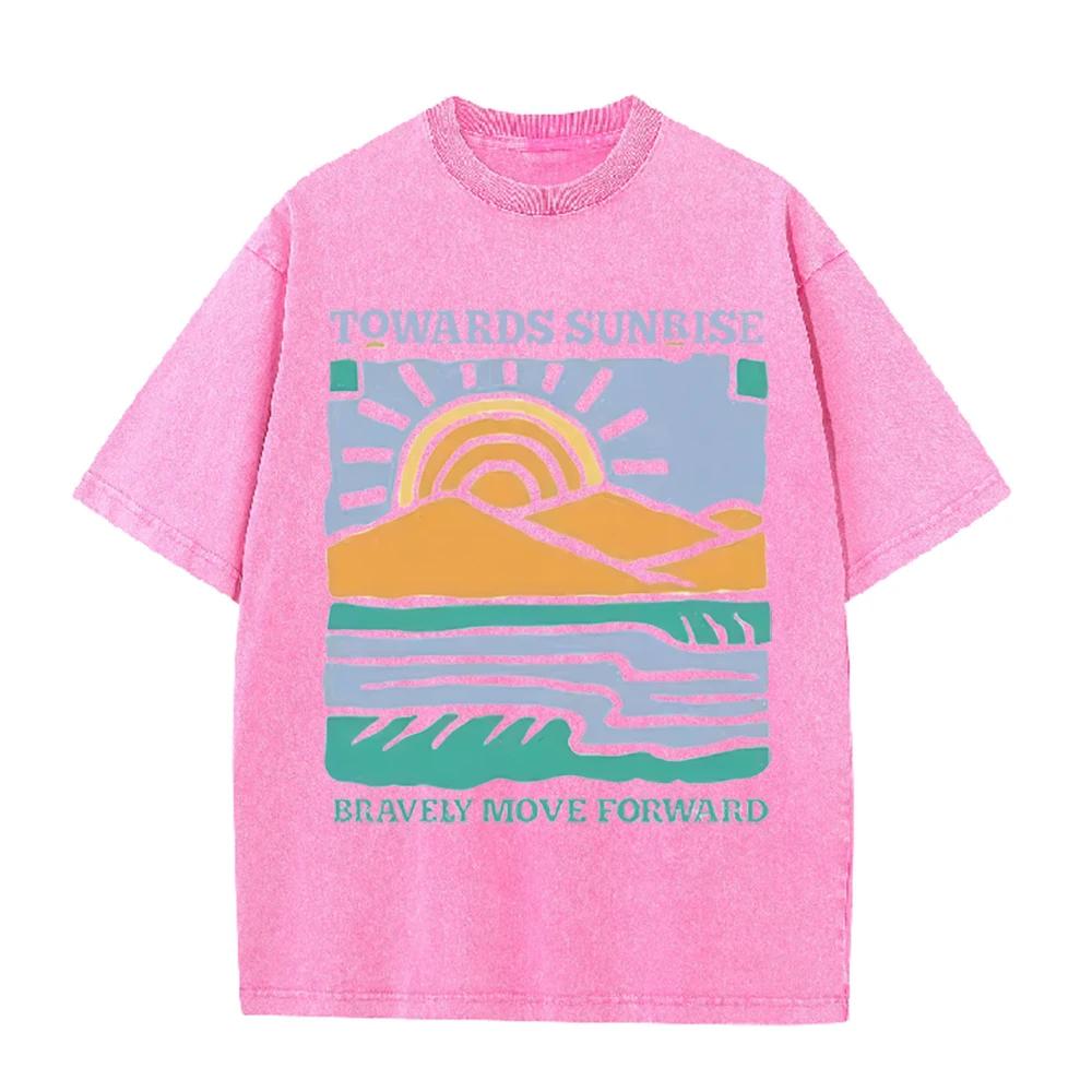 2026 Vintage Sunrise Mountain Lake Landscape Graphic Black Acid Washed T Shirt Retro Outdoor Inspirational Slogan Oversized Unis