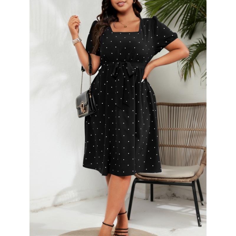 Плюс Размер Женские Элегантные Винтажные Платья В Горошек С Завязкой На Талии И Квадратным Вырезом Подол