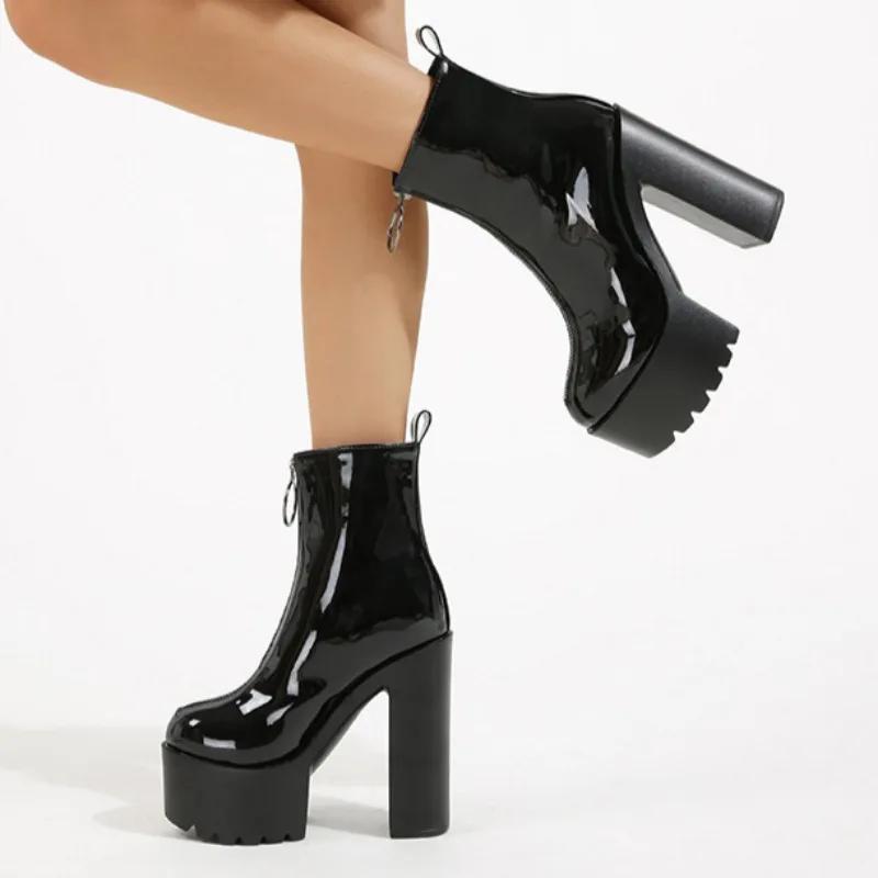 Осенние женские ботильоны на высоком каблуке в стиле Ins 2024 года, новые модные ботильоны из искусственной кожи с застежкой-молнией, однотонные, на толстой подошве, Botas Mujer