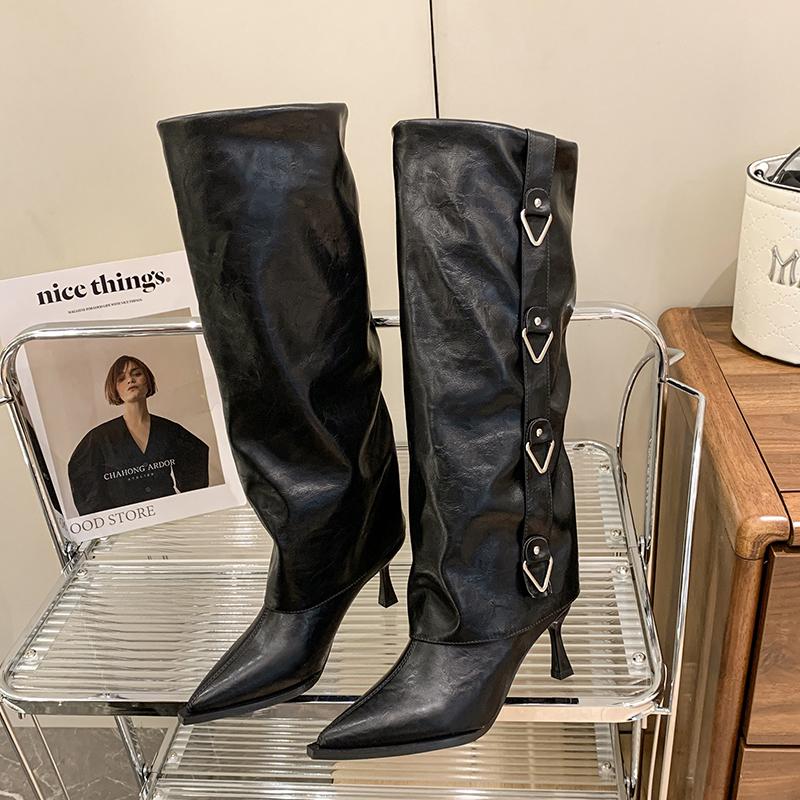 Knee-high Thin Heels Modern Slippers Spring/Autumn Slip-on Women's Shoes On Sale 2024 New Pointed Toe Punk Women's Boots