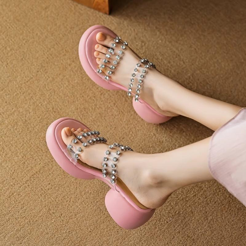 Fashion Glitter Slides High-Heeled Shoes Lady Transparent Slippers Square Heel Platform Jelly Block Soft Crystal Scandals Concise