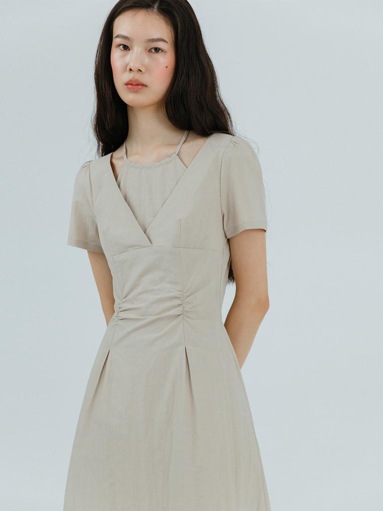Etmont Halter-Neck Shirring Dress, Beige