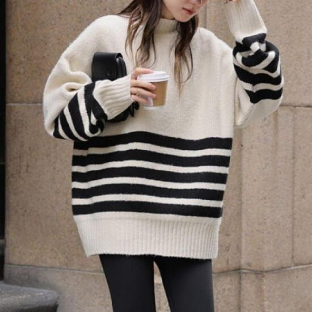 Navava Women Casual Stripe High Neck Long Sleeve Knit Top Nk2809