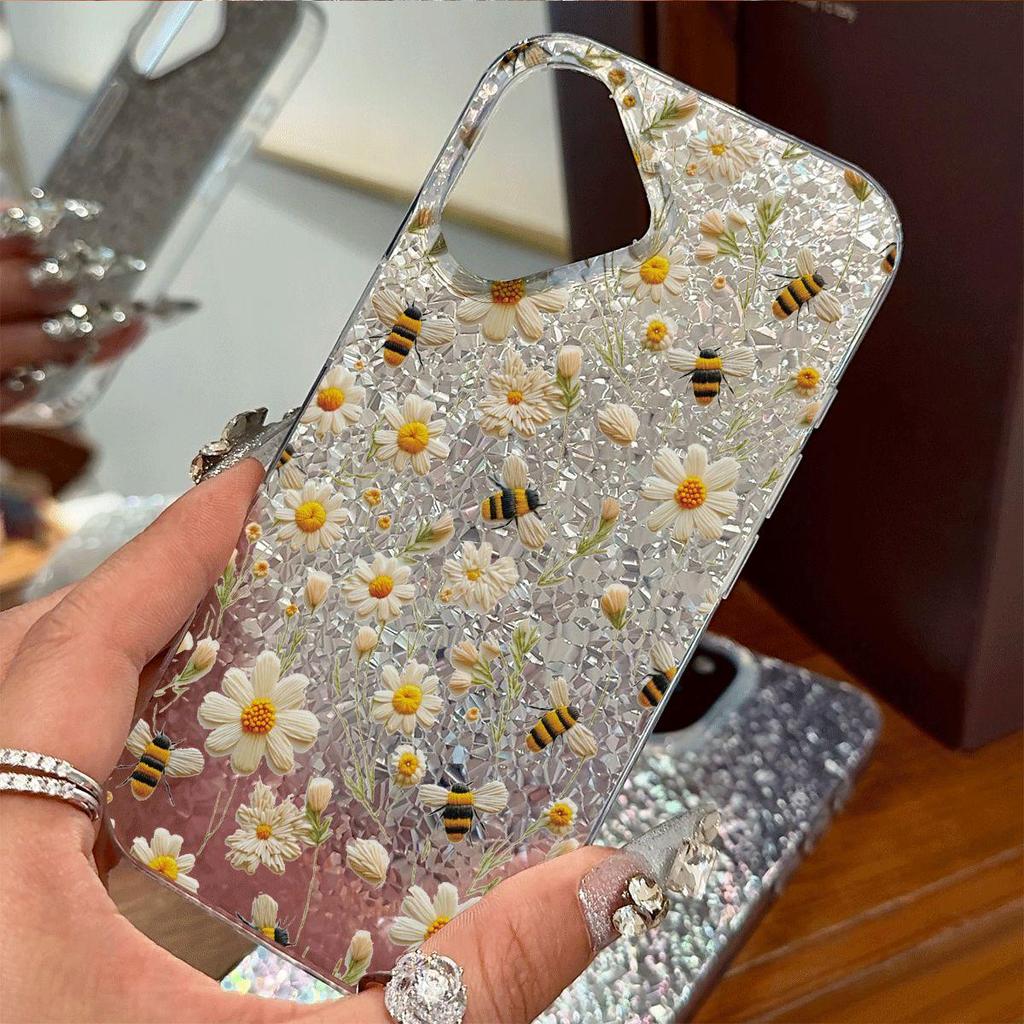 Phone Case for iphone 15 13 14 XS Max 12 XR 16 Plus 17 Pro 18 Pro Max Air 11 Full screen of flowers Silver Cracked Texture Shockproof Cover